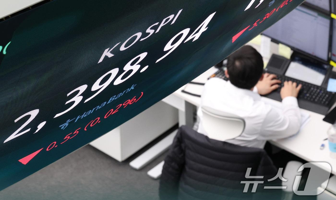 본문 이미지 - 2025년 을사년(乙巳年) 증시 개장 첫 날인 2일 오후 서울 중구 하나은행 본점 딜링룸에 종가가 표시되고 있다. 2025.1.2/뉴스1 ⓒ News1 임세영 기자