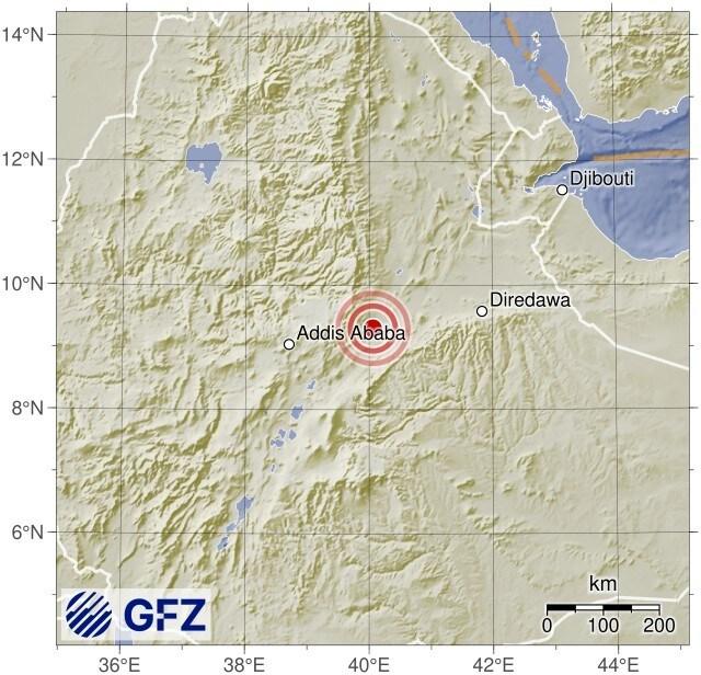 본문 이미지 - 2일 에티오피아에서 발생한 지진 좌표도 갈무리. (출처 : GFZ)