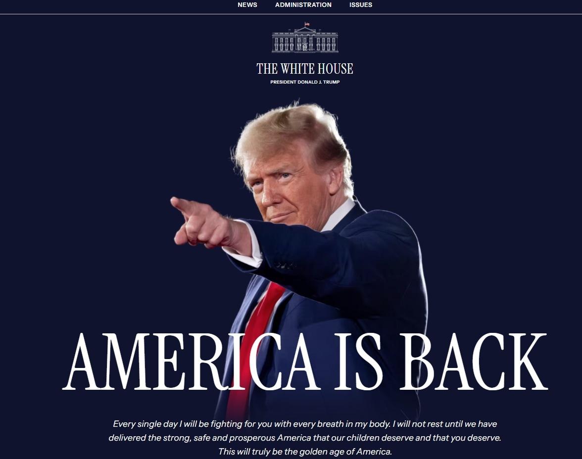 본문 이미지 - <20일(현지시간) 도널드 트럼프 미국 대통령 취임 후 새로 단장한 백악관 홈페이지 갈무리>