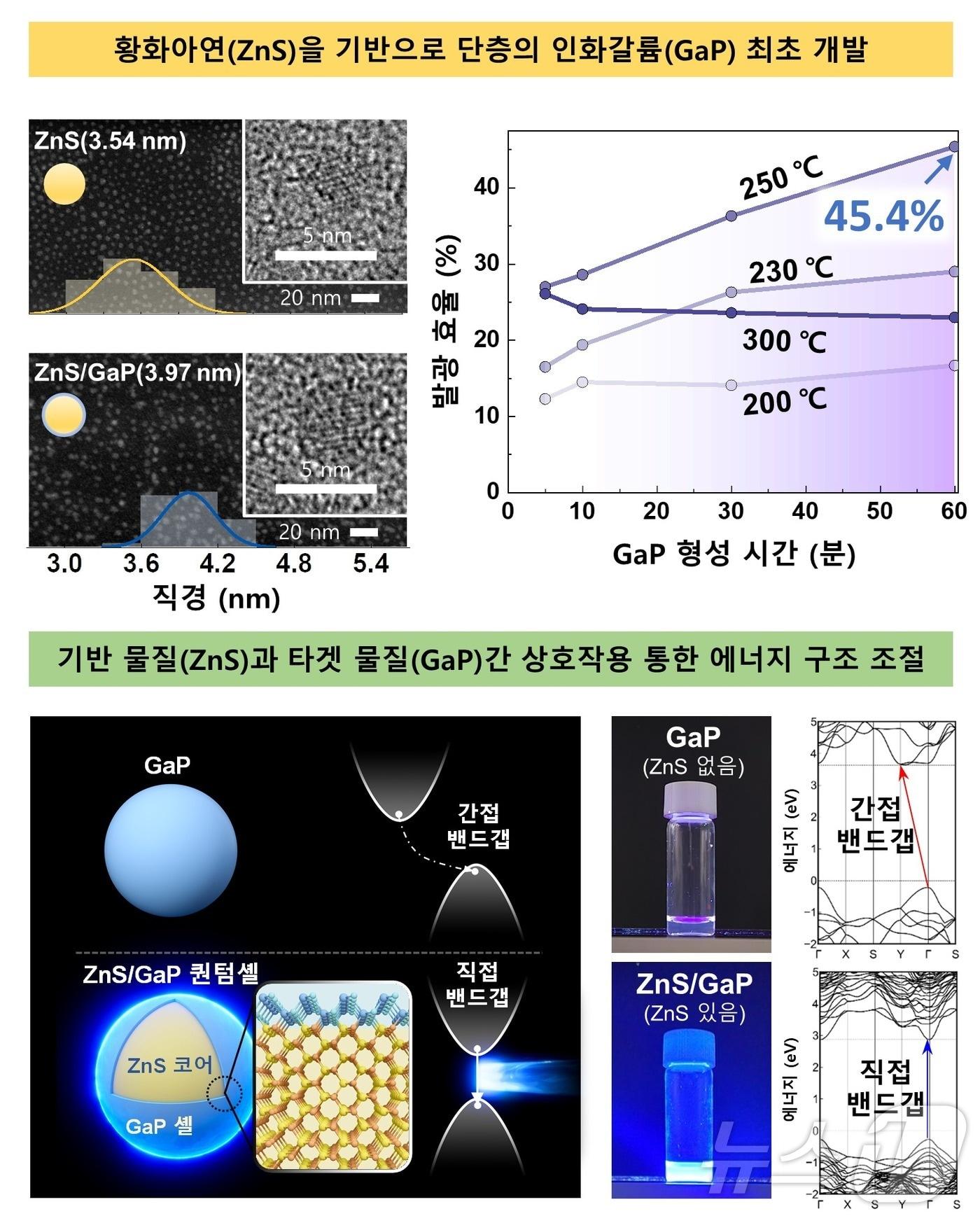 본문 이미지 - 황화아연 나노결정을 기반으로 성장한 단층의 인화갈륨 구조 등. (KAIST 제공)/뉴스1