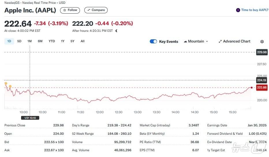본문 이미지 - 애플 일일 주가추이 - 야후 파이낸스 갈무리