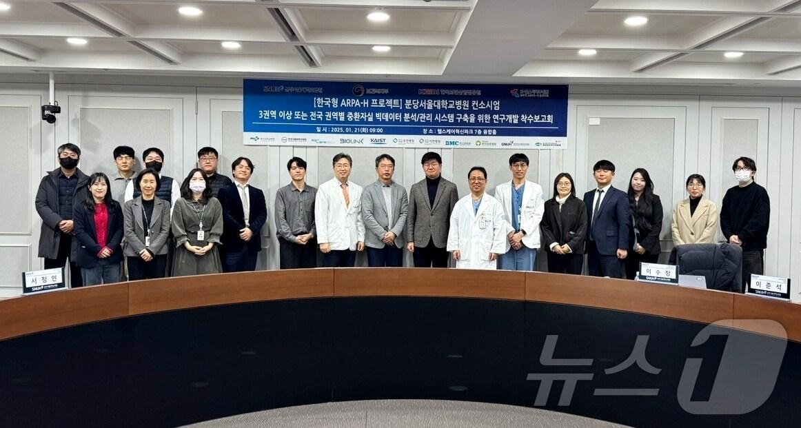 본문 이미지 - 분당서울대병원 관계자들이 인공지능(AI)를 활용해 중환자 관리 및 이송체계를 최적화 하는 연구개발 착수보고회에서 단체 기념사진을 촬영하고 있다./분당서울대병원 제공