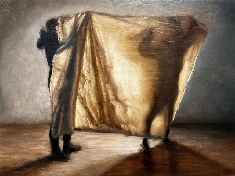 본문 이미지 - 데이비드 오케인, Shadow, 2024, oil on wooden panel, 30x40cm. 갤러리바톤 제공.