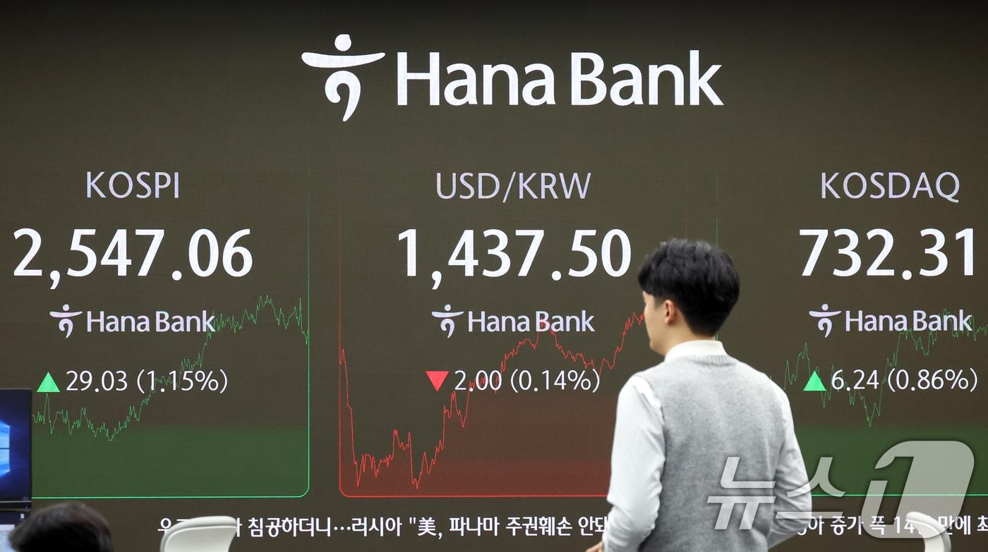 본문 이미지 - 22일 오후 서울 중구 하나은행 본점 딜링룸 전광판에 원달러 증시가 표시되고 있다. 2025.1.22/뉴스1 ⓒ News1 김명섭 기자