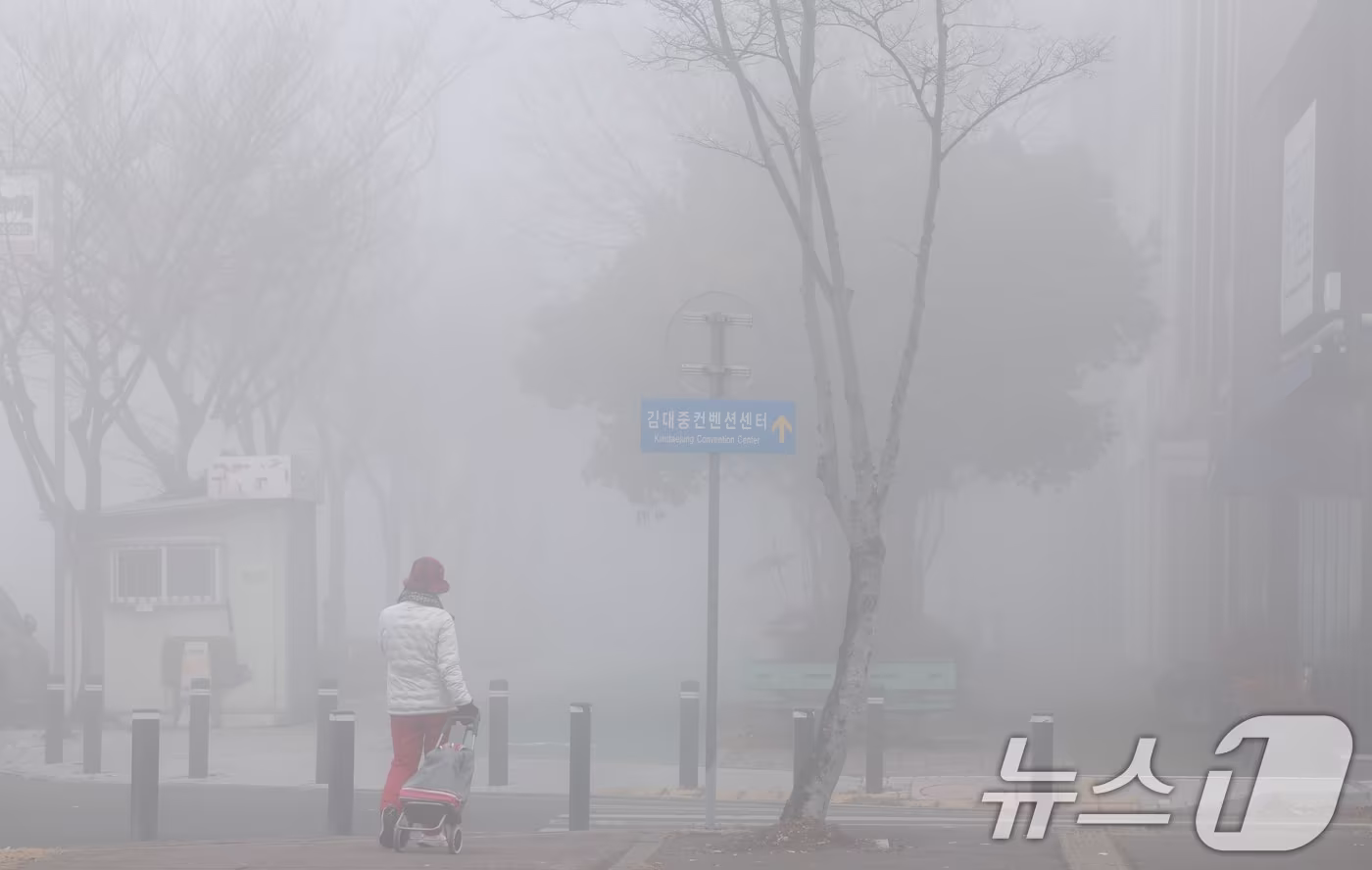 광주 서구 김대중컨벤션센터 인근 가시거리 200m 미만 짙은 안개./뉴스1 ⓒ News1 김태성 기자