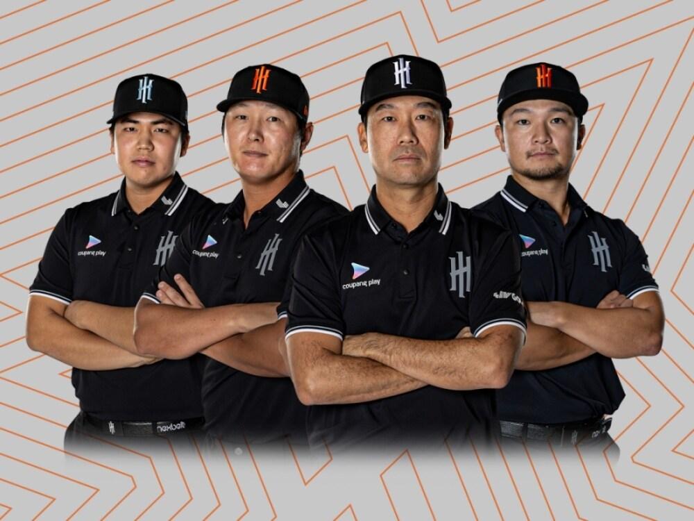 본문 이미지 - 쿠팡플레이와 후원 계약을 체결한 LIV 골프 아이언헤드GC의 장유빈, 대니 리, 케빈 바, 고즈마 진이치로&#40;왼쪽부터&#41; &#40;쿠팡플레이 제공&#41;