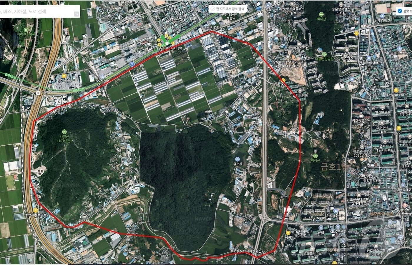 붉은색 선은 광주 서구 금호동·마륵동 &#39;탄약고 제한보호구역&#39;.&#40;금호동 군사보호구역축소위원회 제공&#41; ⓒ News1
