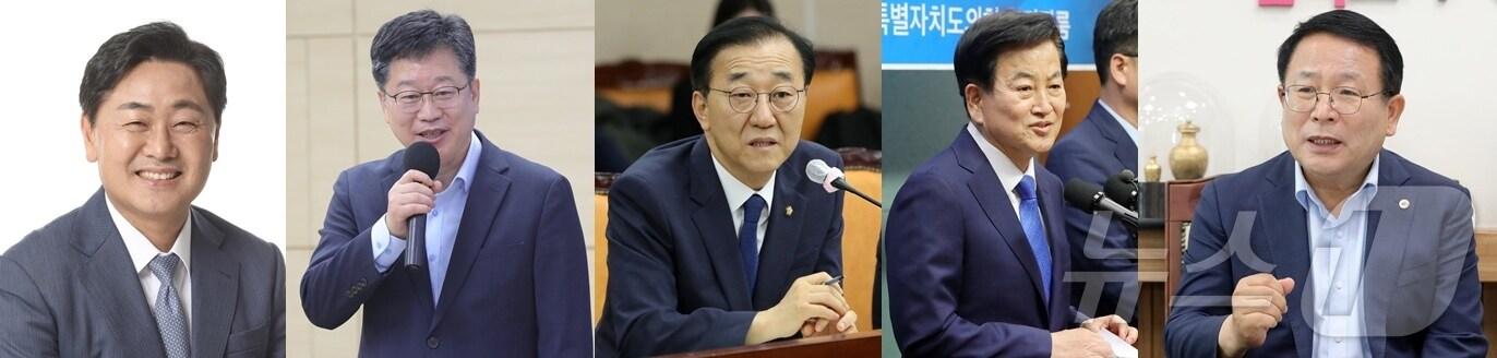 본문 이미지 - 내년 실시되는 제9회 지방선거 전북자치도지사 선거 후보군. 왼쪽부터 김관영 현 전북지사, 안호영 의원, 김윤덕 의원, 정동영 의원, 정헌율 현 익산시장 순./뉴스1