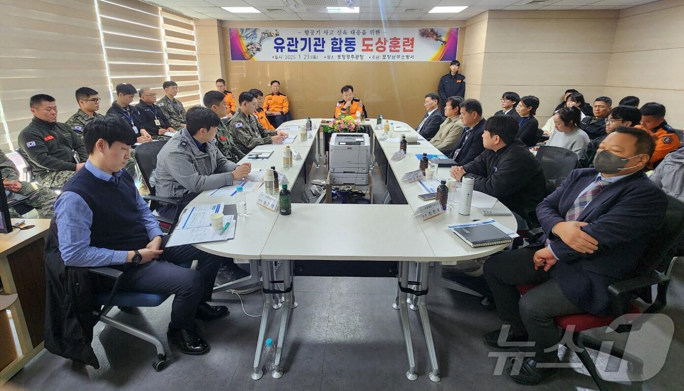 본문 이미지 - 경북소방본부는 23일 포항경주공항에서 항공기 사고 대응 체계 점검을 위한 기관 합동 도상훈련을 실시했다. (포항남부소방서 제공) 2025.1.23/뉴스1 