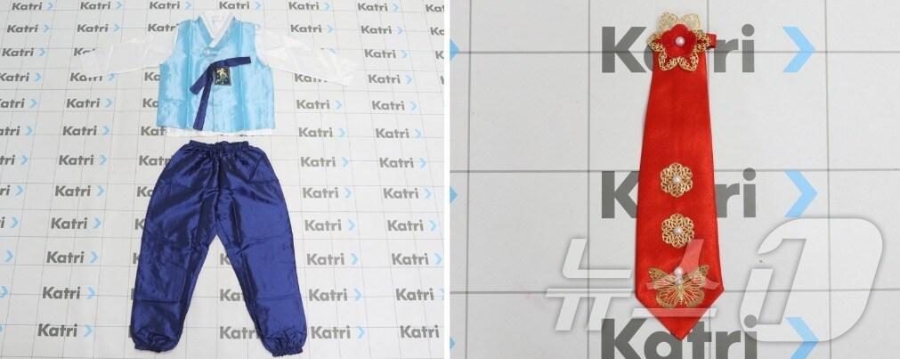 본문 이미지 - 안전성 검사에서 부적합 판정을 받은 어린이용 한복(왼쪽)과 댕기 형태 장신구 (서울시 제공) 