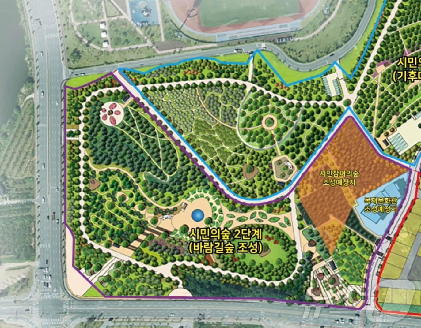 본문 이미지 -  충북 충주시가 시민의 숲 2단계 공사에 착수한 가운데 시민 참여의 숲이 어떤 모습을 갖출지 주목된다. 사진은 구역도.(충주시 제공)/뉴스1