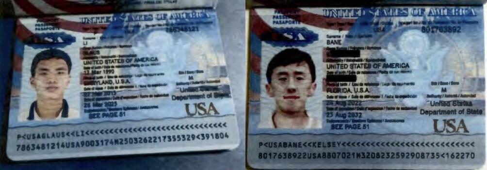 본문 이미지 - 23일&#40;현지시간&#41; 미국 법무부가 공개한 국적과 신분을 속이고 미국 IT 기업에서 일감을 받아 약 86만 달러를 챙긴 혐의를 받는 북한 국적의 박진성&#40;왼쪽&#41;과 진성일의 위조 여권. &#40;출처=미국 법무부 기소장&#41;