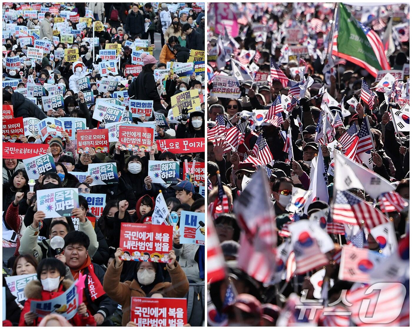 본문 이미지 - 설 연휴인 25일 오후 서울 도심 경복궁과 광화문 일대에서는 윤석열 대통령 탄핵을 촉구하거나 반대하는 대규모 집회가 열렸다. 사진은 경복궁 4번출구 인근에서 열린 ‘윤석열 대통령 탄핵 촉구 집회’&#40;왼쪽&#41;와 동화면세점 앞에서 열린 &#39;윤석열 대통령 탄핵 반대 집회&#39;&#40;오른쪽&#41;. 2025.1.25/뉴스1 ⓒ News1 김성진 기자,이동해 기자