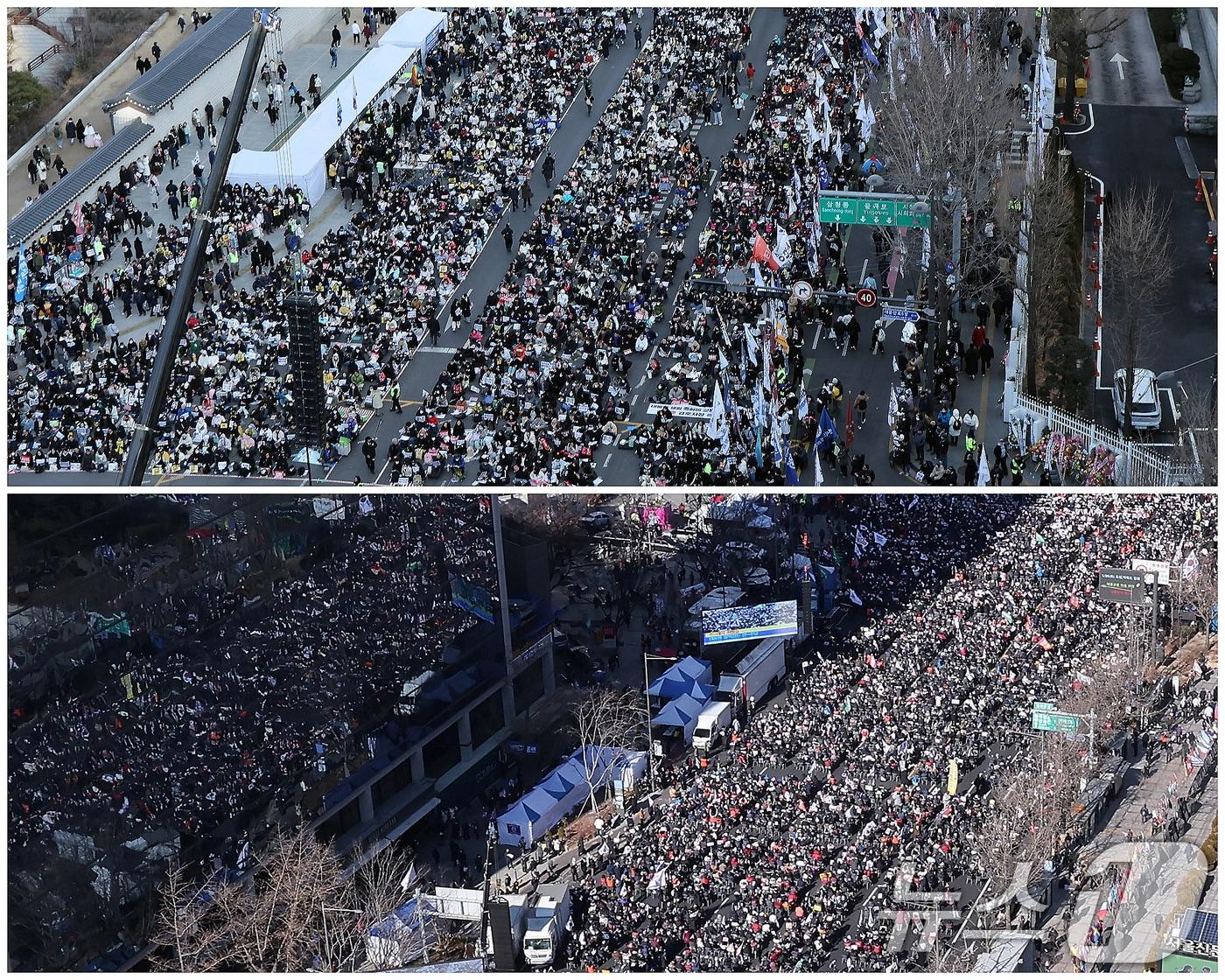 본문 이미지 - 설 연휴인 25일 오후 서울 도심 경복궁과 광화문 일대에서는 윤석열 대통령 탄핵을 촉구하거나 반대하는 대규모 집회가 열렸다. 사진은 경복궁 4번출구 인근에서 열린 ‘윤석열 대통령 탄핵 촉구 집회’(위)와 동화면세점 앞에서 열린 '윤석열 대통령 탄핵 반대 집회'(아래). 2025.1.25/뉴스1 ⓒ News1 김성진 기자,이동해 기자