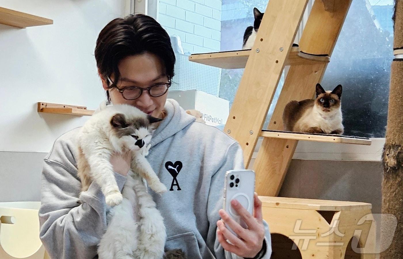 김준성 수의사가 25일 서울 '나비야사랑해'를 찾아 고양이들의 입양 홍보를 위해 사진을 찍고 있다. ⓒ 뉴스1