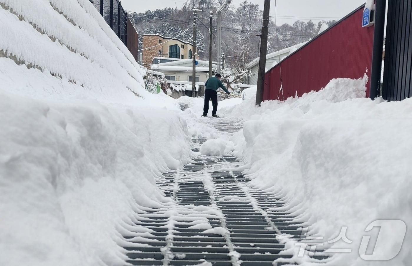 본문 이미지 - 28일 많은 눈이 내린 충남 금산군에서 한 주민이 집 앞에 쌓인 눈을 쓸고 있다. 금산에는 밤사이 15.9 ㎝의 눈이 쌓였다. 2025.1.28. /뉴스1ⓒNews1 이시우 기자