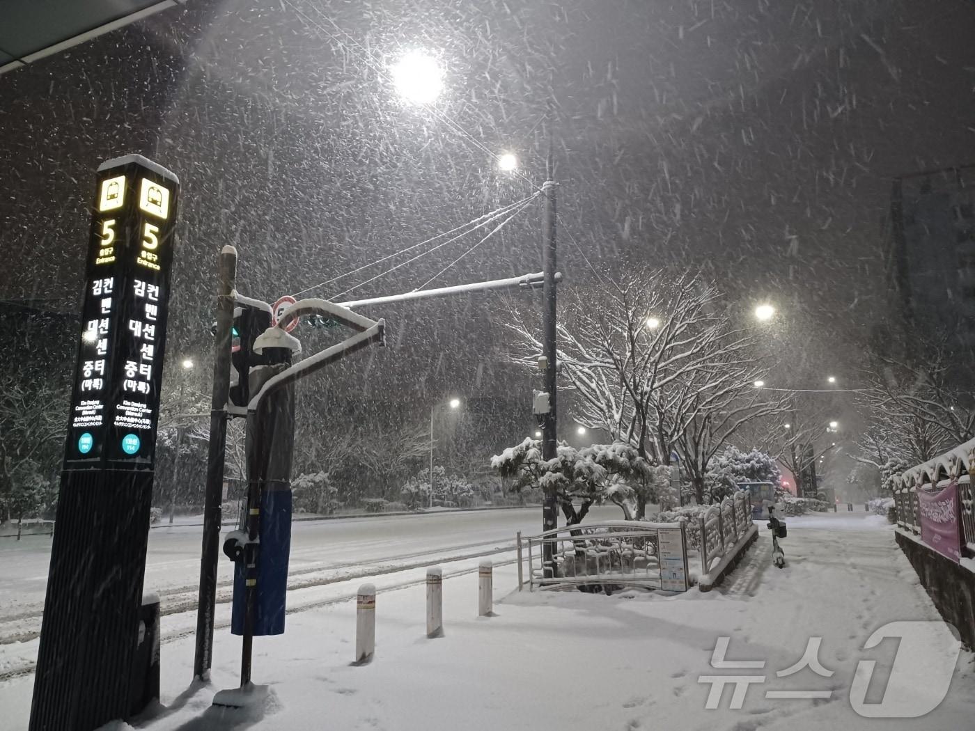 본문 이미지 - 설날인 29일 새벽 광주 서구 김대중컨벤션센터역 주변에 많은 눈이 내리고 있다.2025.1.29/뉴스1 ⓒ News1