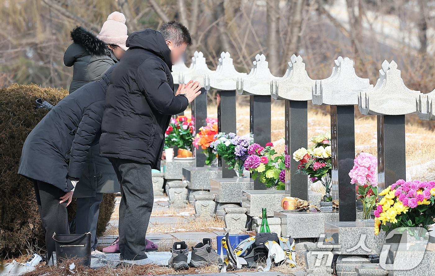 설날인 29일 인천시 부평구 인천가족공원묘지를 찾은 성묘객들이 성묘를 하고 있다. 2025.1.29/뉴스1 ⓒ News1 김진환 기자