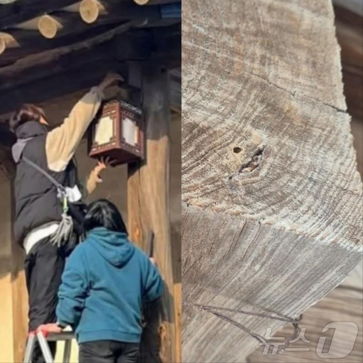 본문 이미지 - 병산서원에 초롱을 달고 있는 KBS드라마 촬영팀&#40;좌&#41; 못자국으로 훼손된 병산서원 기둥&#40;우&#41;&#40;안동시 제공&#41;2025.1.3/뉴스1