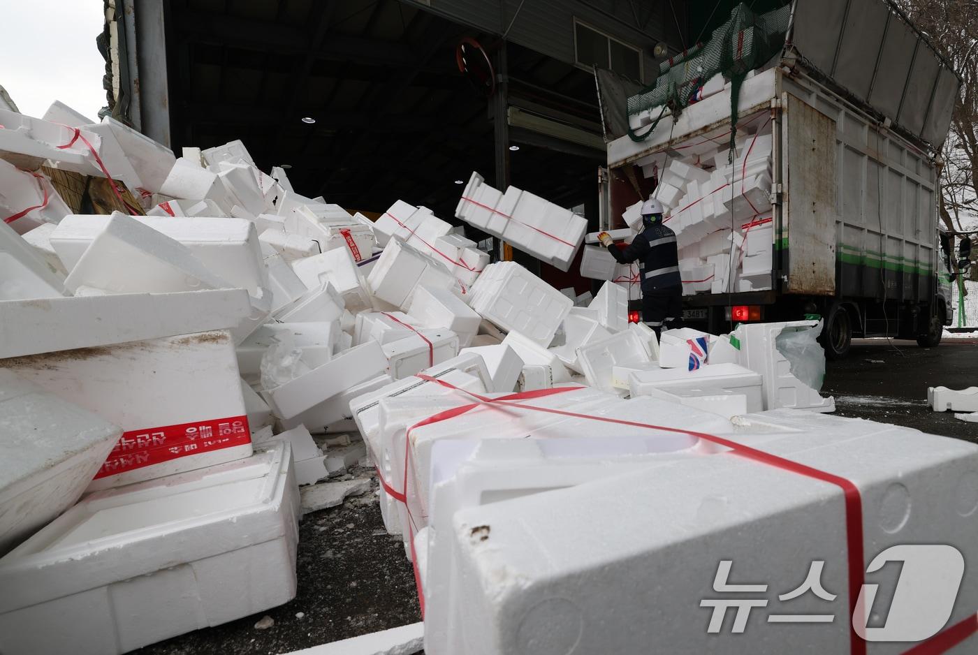 설 연휴가 끝난 31일 경기 용인시 처인구이동읍공공재활용센터에서 관계자들이 스티로폼 분류 작업을 하고 있다. 2025.1.31/뉴스1 ⓒ News1 김영운 기자