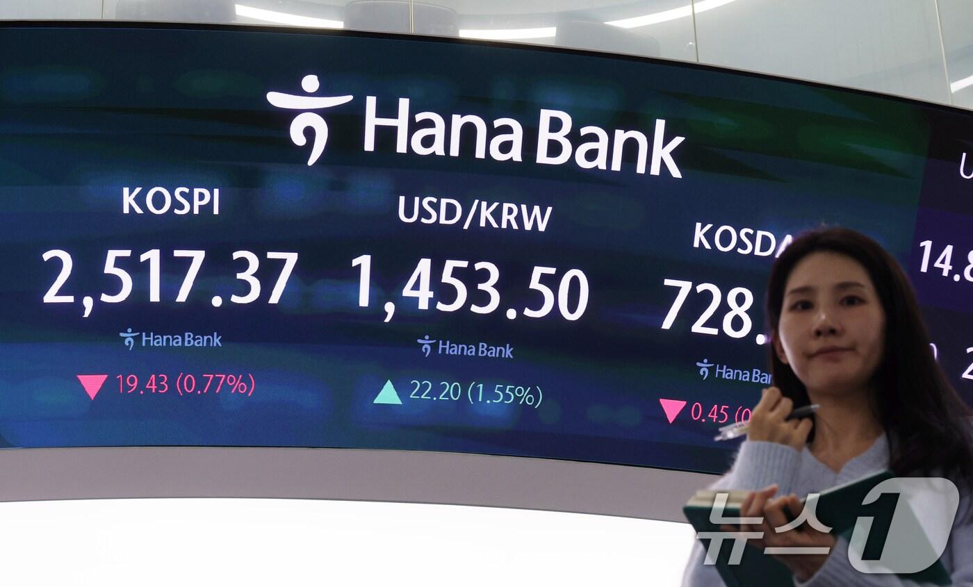 서울 중구 하나은행 본점 딜링룸 전광판에 증시 종가가 표시되고 있다.  2025.1.31/뉴스1 ⓒ News1 황기선 기자