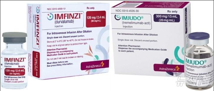 본문 이미지 - 면역항암제 '임핀지'(성분명 두발루맙)(왼쪽)과 '이뮤도'(성분명 트레멜리무맙)./뉴스1