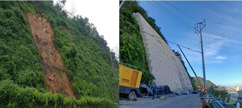 본문 이미지 - 천가일주도로 사면 보강공사 전&#40;사진 왼쪽&#41;과 후 모습&#40;부산해수청 전경&#41;