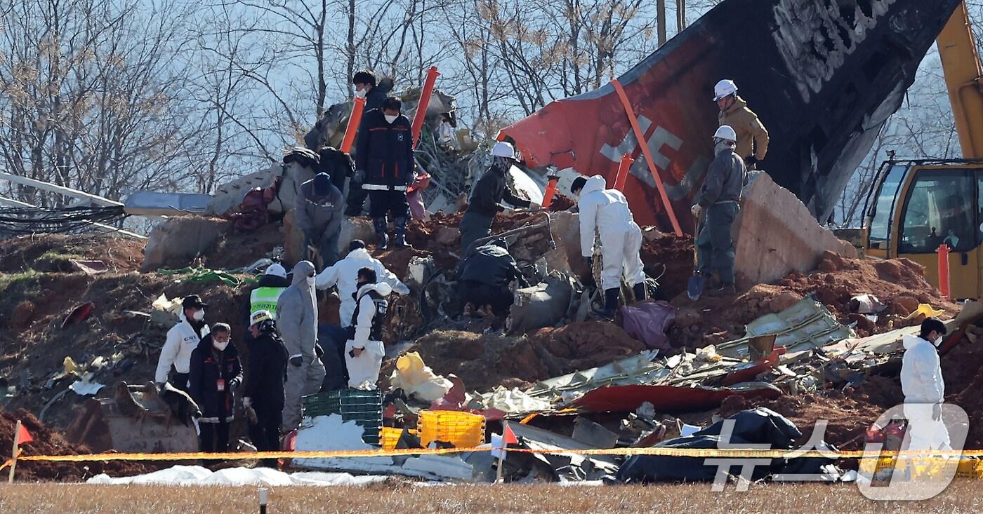 제주항공 여객기 참사 7일째인 4일 전남 무안군 무안국제공항 참사 현장에서 항공·철도사고 조사위원회&#40;ARAIB&#41;와 경찰 과학수사대가 방위각시설&#40;로컬라이저&#41; 일대 수색 및 현장감식을 하고 있다. 2025.1.4/뉴스1 ⓒ News1 김진환 기자