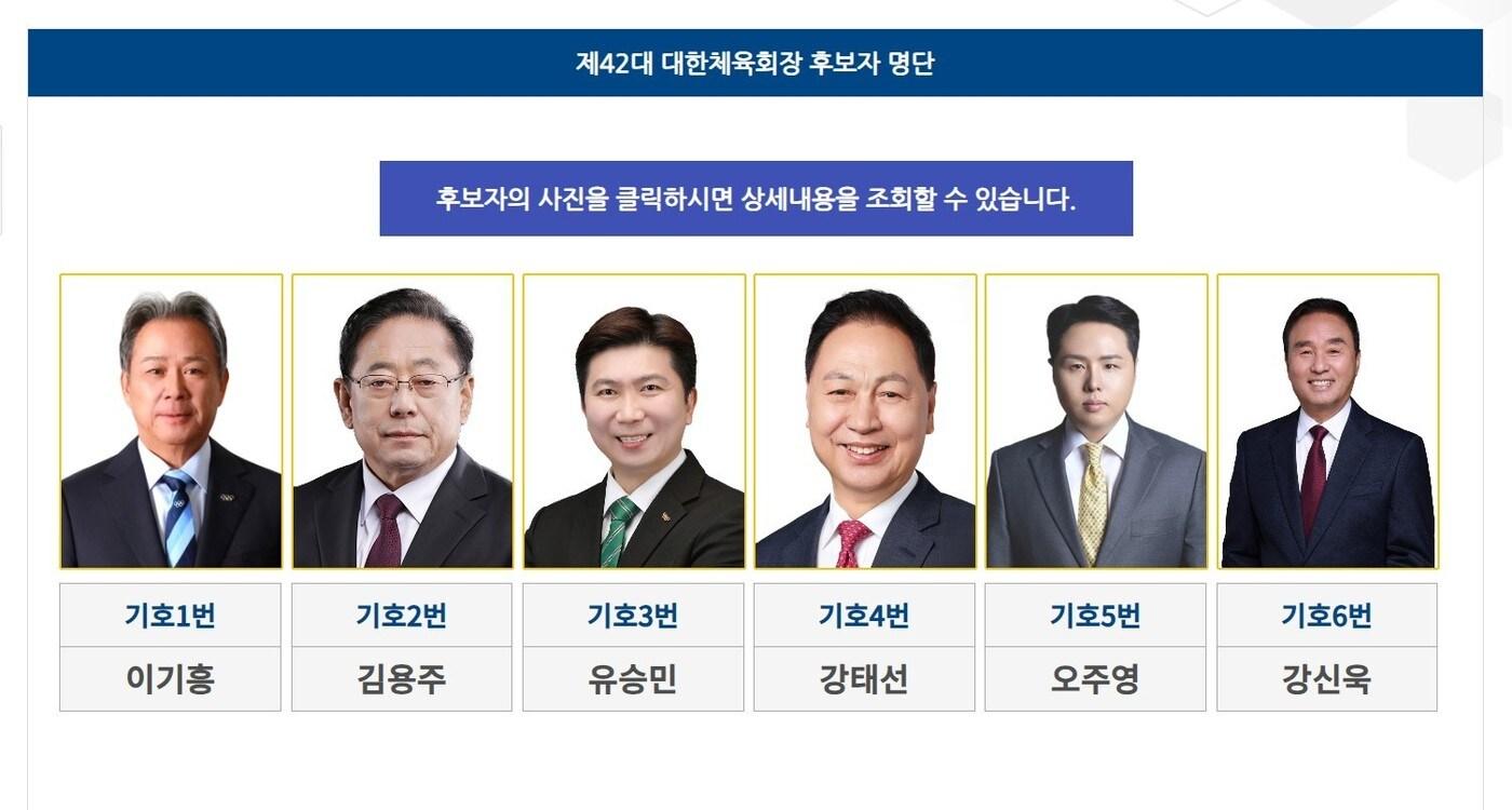 제42대 대한체육회장 선거에 나온 후보 6명. (대한체육회장 선거 홈페이지 캡처)