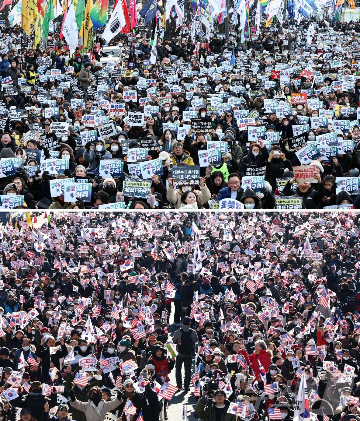 본문 이미지 - 2025년 첫 주말인 4일 오후 서울 도심 광화문 일대에서는 윤석열 대통령 탄핵을 촉구하거나 반대하는 대규모 집회가 열렸다. 사진은 경복궁 동십자각 인근에서 열린 ‘윤석열 즉각퇴진-사회대개혁 비상행동 범시민대행진’&#40;위&#41;과 동화면세점 앞에서 열린 &#39;윤석열 대통령 탄핵반대 국민대회&#39;&#40;아래&#41;. 2025.1.4/뉴스1 ⓒ News1 김도우 기자