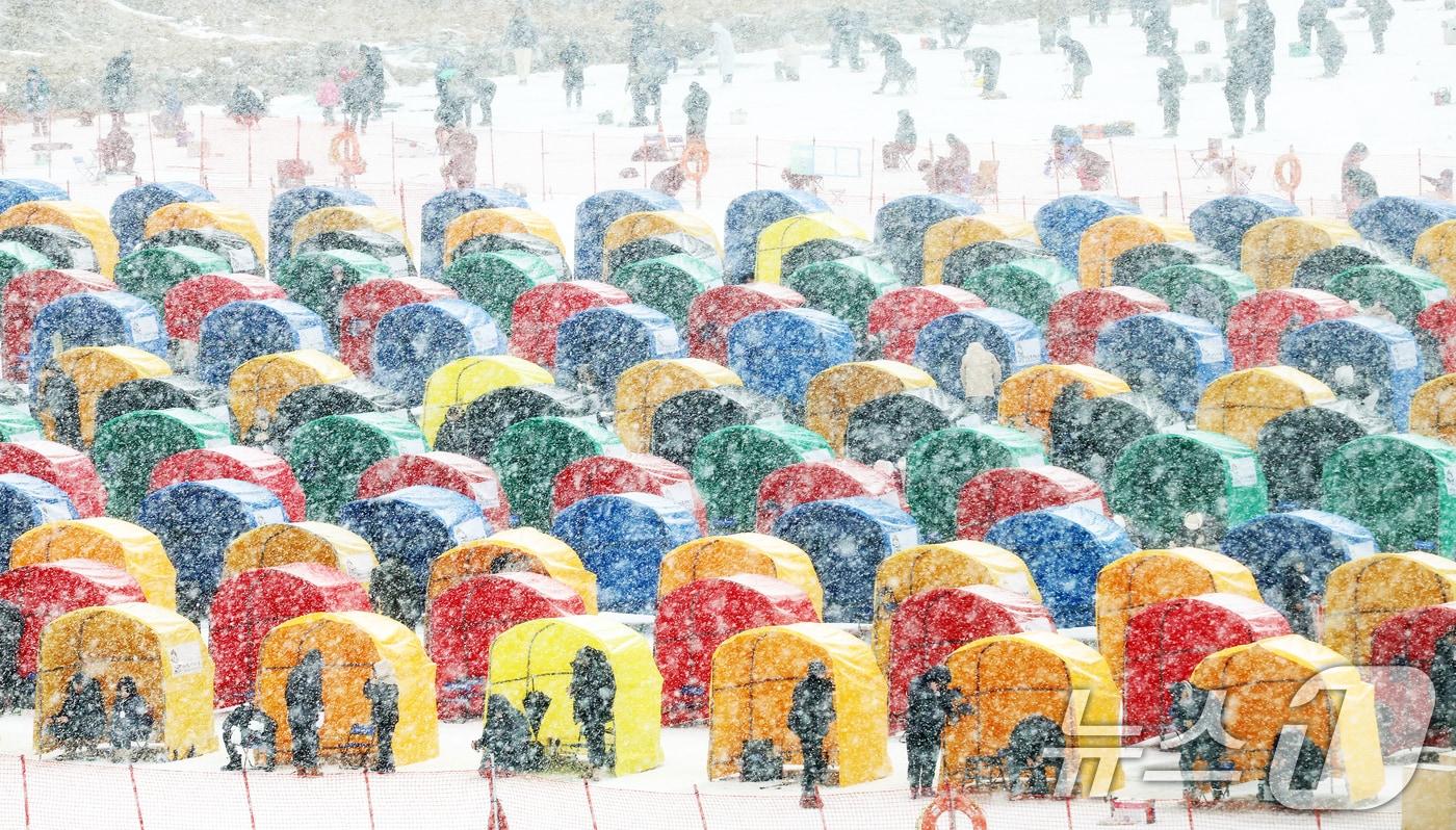 절기상 소한(小寒)인 지난 5일 오후 강원 평창군 진부면 오대천 일원에서 제16회 평창송어축제를 찾은 방문객들이 눈발이 날리는 가운데 얼음송어낚시를 즐기고 있다. (평창군 제공) 2025.1.5/뉴스1