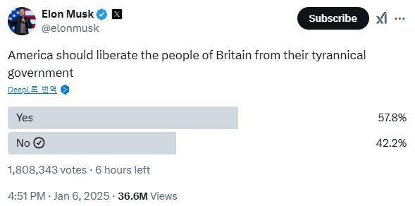 본문 이미지 - 일론 머스크 테슬라 최고경영자(CEO)가 자신의 엑스(X·옛 트위터) 계정에 "미국이 영국인들을 독재 정부로부터 해방해야 하는지"를 두고 투표해달라는 게시물을 올렸다. 2025.01.06/ (머스크 X 갈무리)