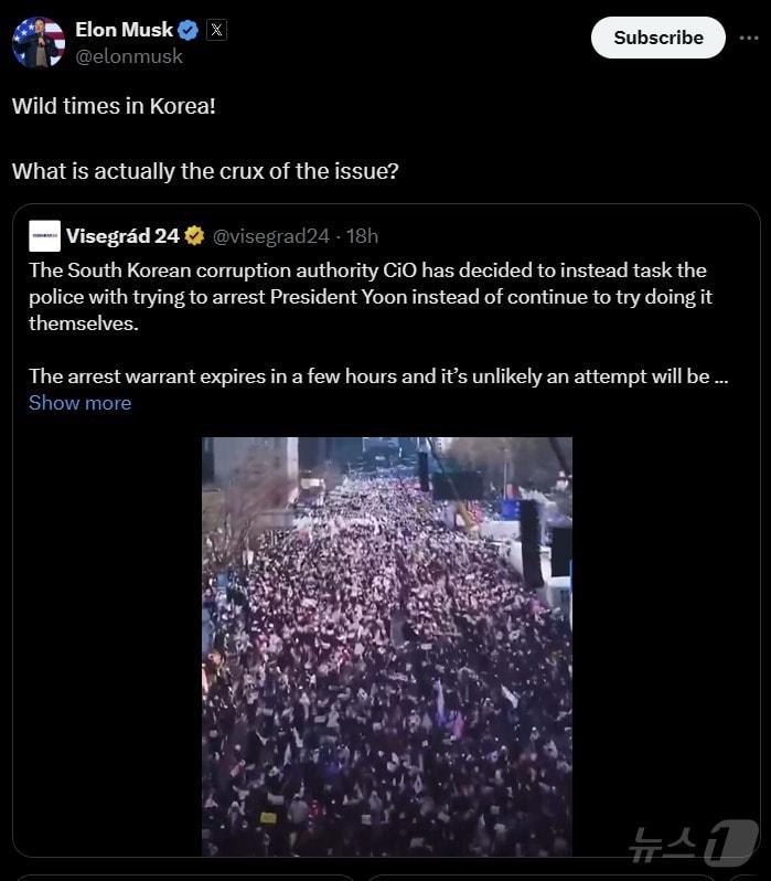 본문 이미지 - 일론 머스크 테슬라 최고경영자(CEO)가 6일(현지시간) 윤 대통령의 체포 영장 집행 관련 소식을 전하면서 "한국은 격동의 시기"라고 말했다. (출처=일론 머스크 엑스 갈무리) 2024.1.7./뉴스1
