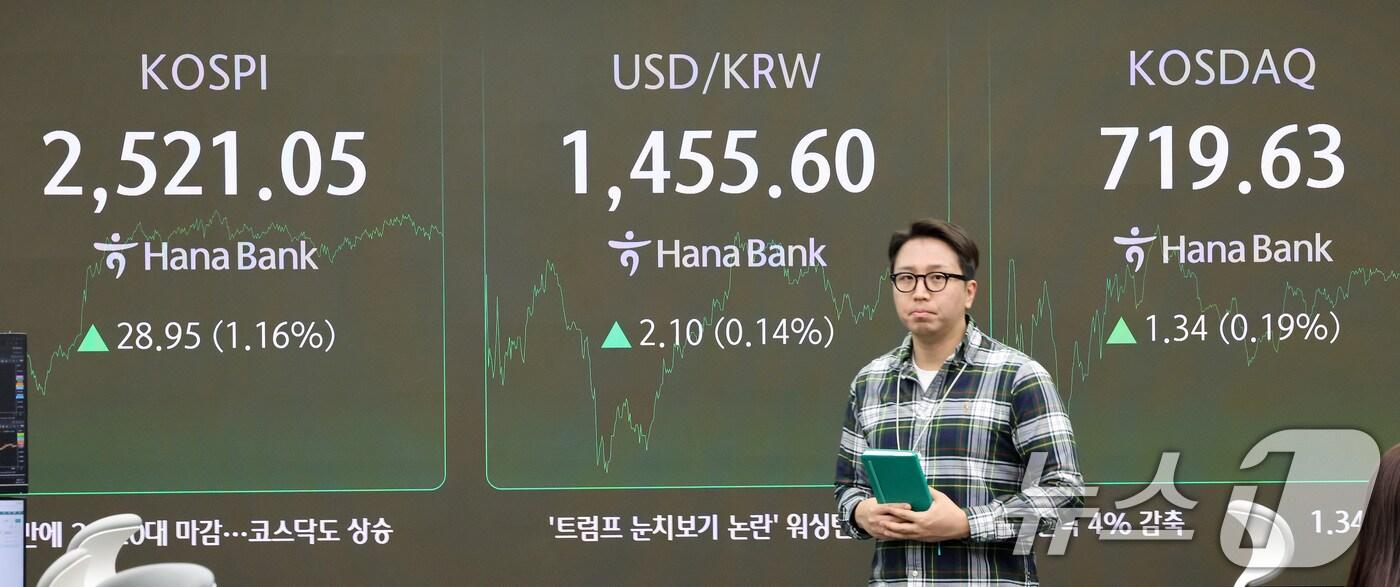 서울 중구 하나은행 본점 딜링룸 전광판./뉴스1 ⓒ News1 이동해 기자