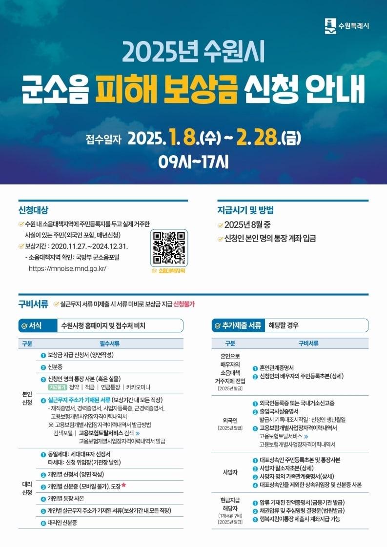 본문 이미지 - 경기 수원특례시 '2025 군소음 피해보상금' 홍보물. (수원특례시 제공) 2025.1.8/뉴스1