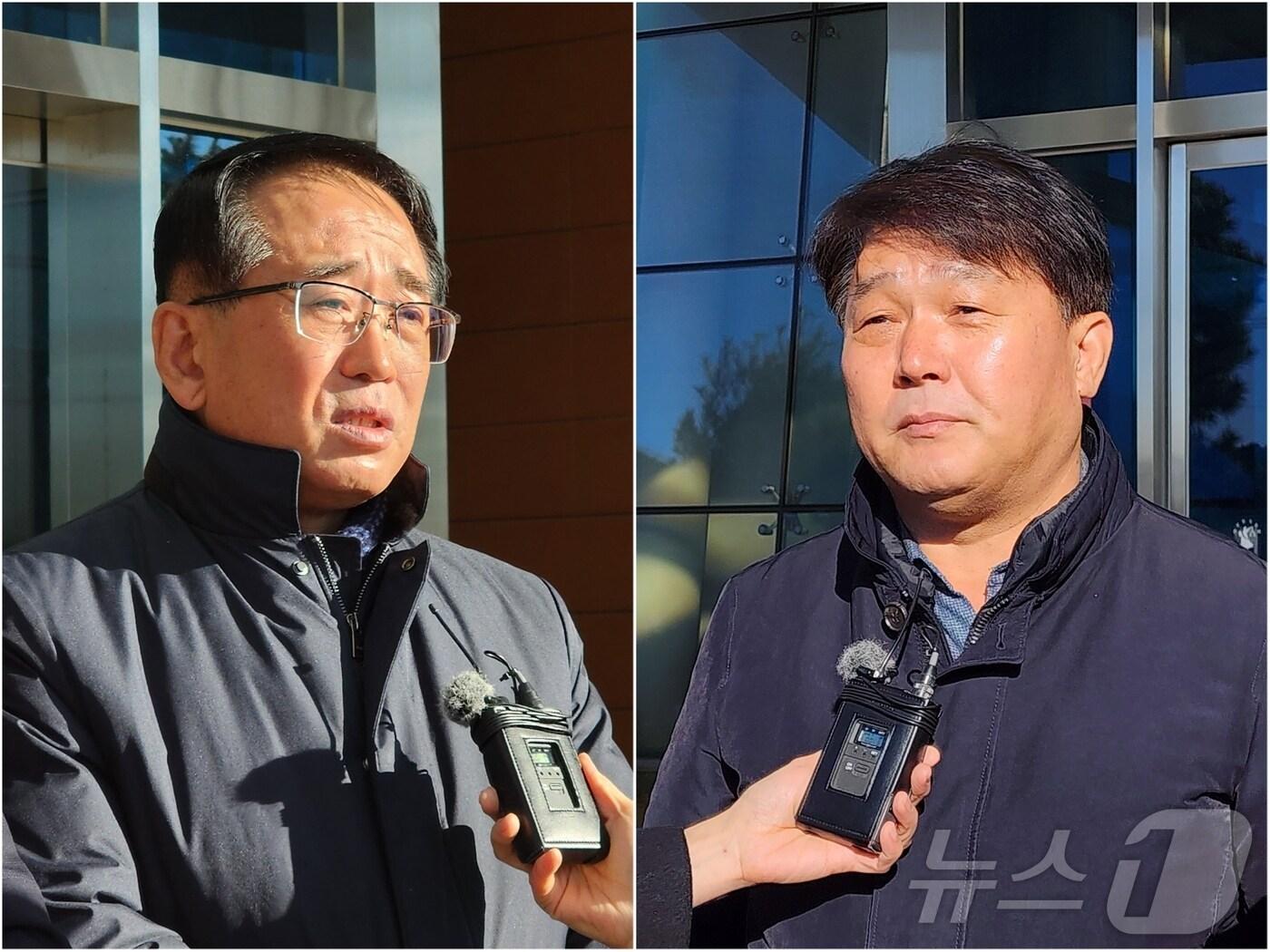 본문 이미지 - 원고 안수일 의원과 피고 측 소송 참가인 이성룡 의원이 무효확인 소송 심리를 마친 후 기자들과 만나 질의응답을 가지고 있다.2025.1.9./뉴스1 김세은 기자