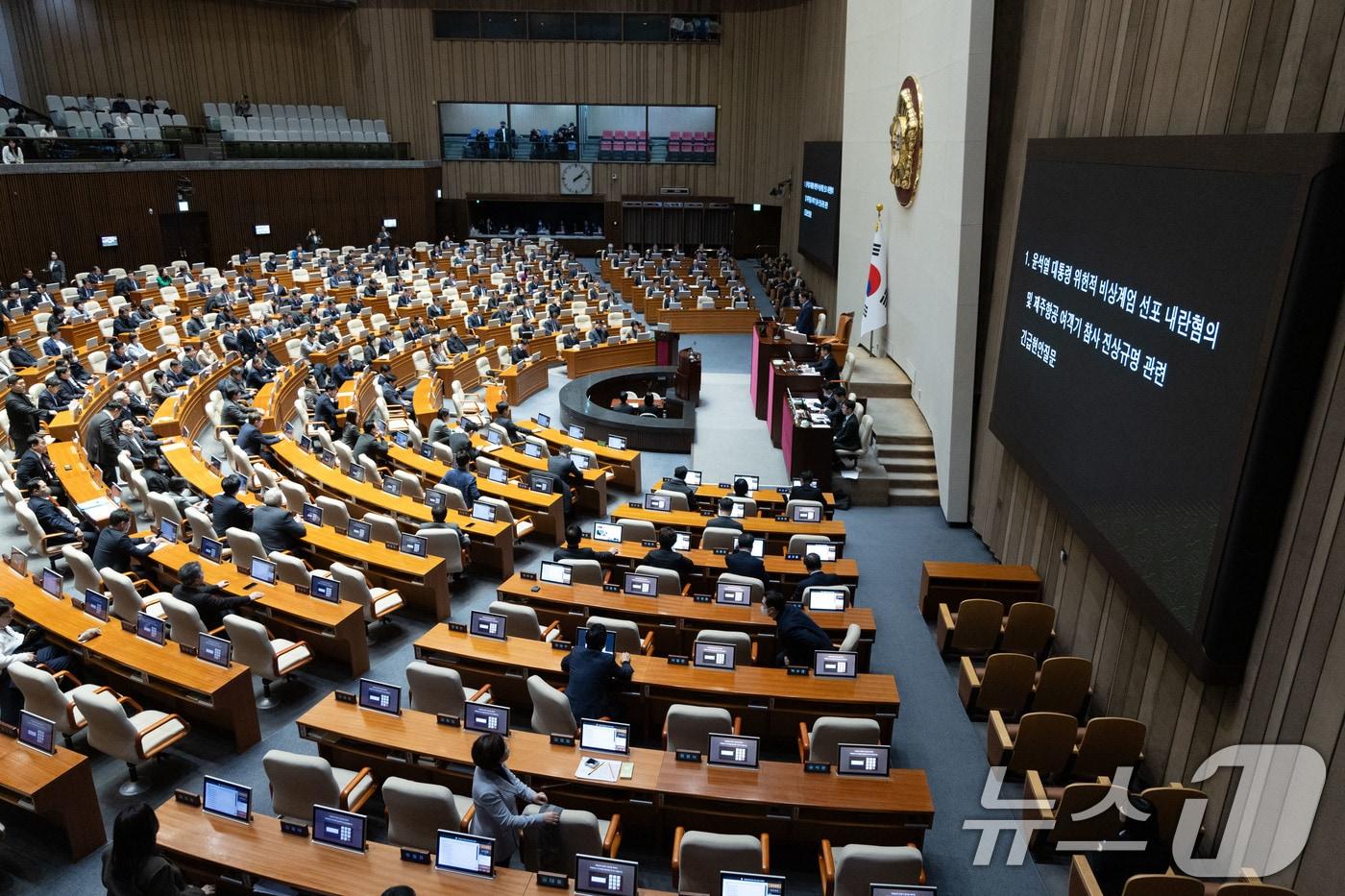 본문 이미지 - 우원식 국회의장이 9일 오후 서울 여의도 국회 본회의장에서 열린 제420회 국회(임시회) 제5차 본회의에서 윤석열 대통령 위헌적 비상계엄 선포 내란혐의 및 제주항공 여객기 참사 진상규명 관련 긴급현안질문을 주재하고 있다. 2025.1.9/뉴스1 ⓒ News1 이재명 기자