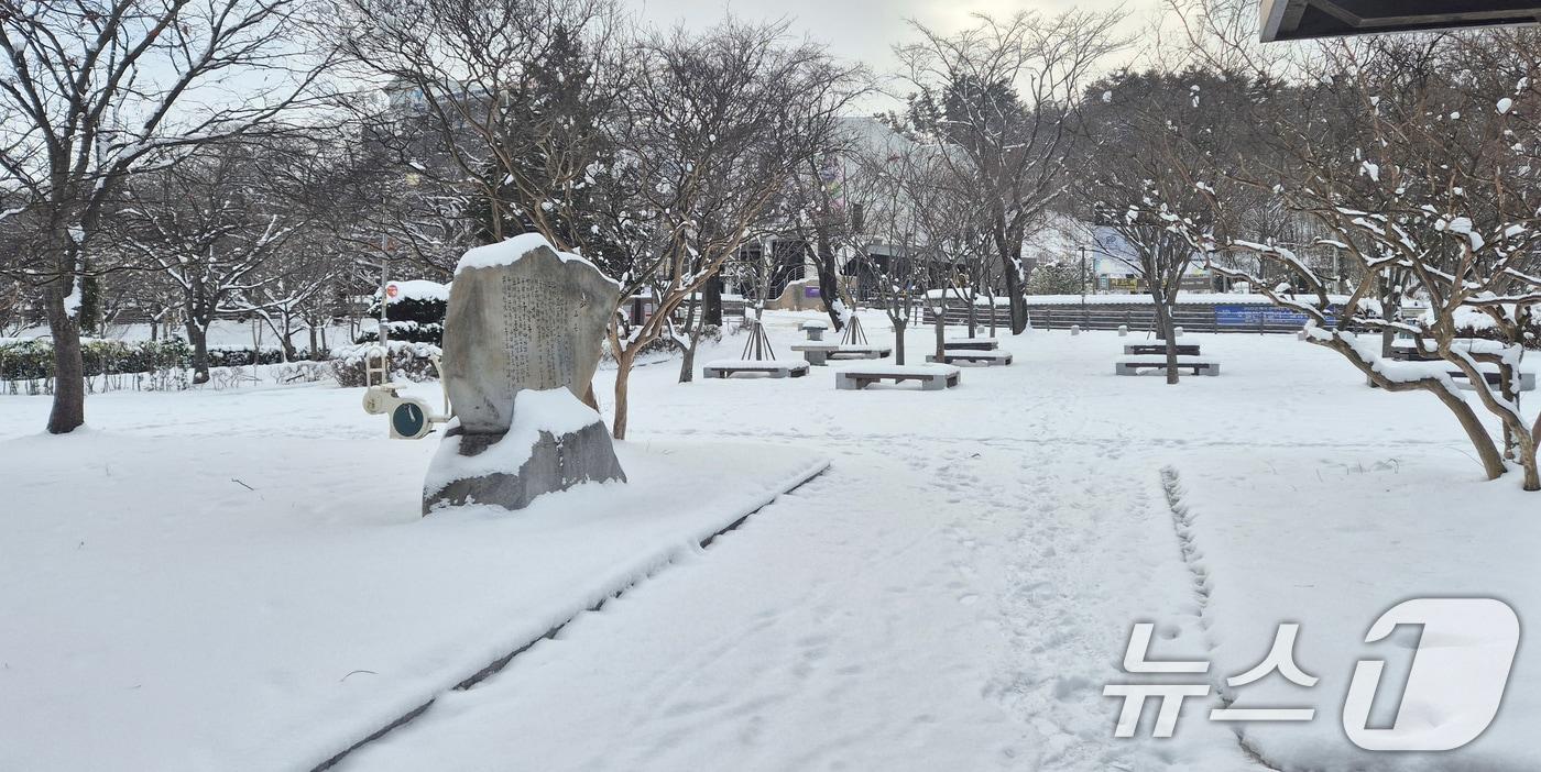 본문 이미지 - 전북지역에 대설주의보가 발효된 9일 전북자치도 군산시 은파호수공원에 눈이 쌓여 있다. 2025.1.9/뉴스1 ⓒ News1 강교현 기자