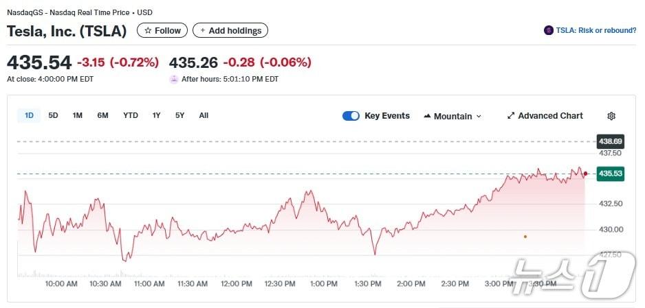 본문 이미지 - 테슬라 일일 주가추이 - 야후 파이낸스 갈무리