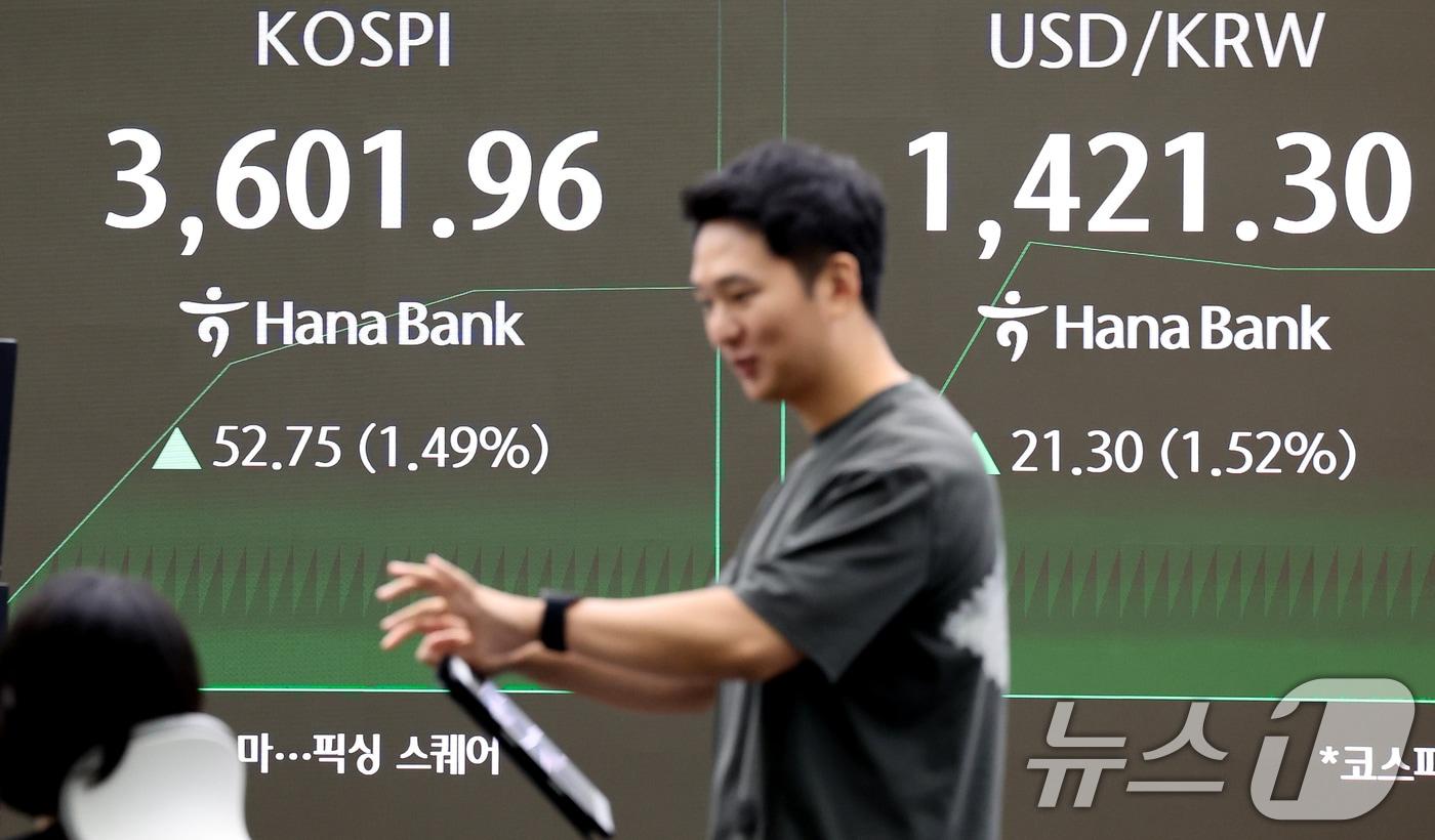 추석 연휴를 마치고 코스피가 3,600선을 돌파하며 최고가를 기록한 오전 서울 중구 하나은행 딜링룸 전광판에 개장 시황이 나오고 있다. ⓒ News1 이호윤 기자