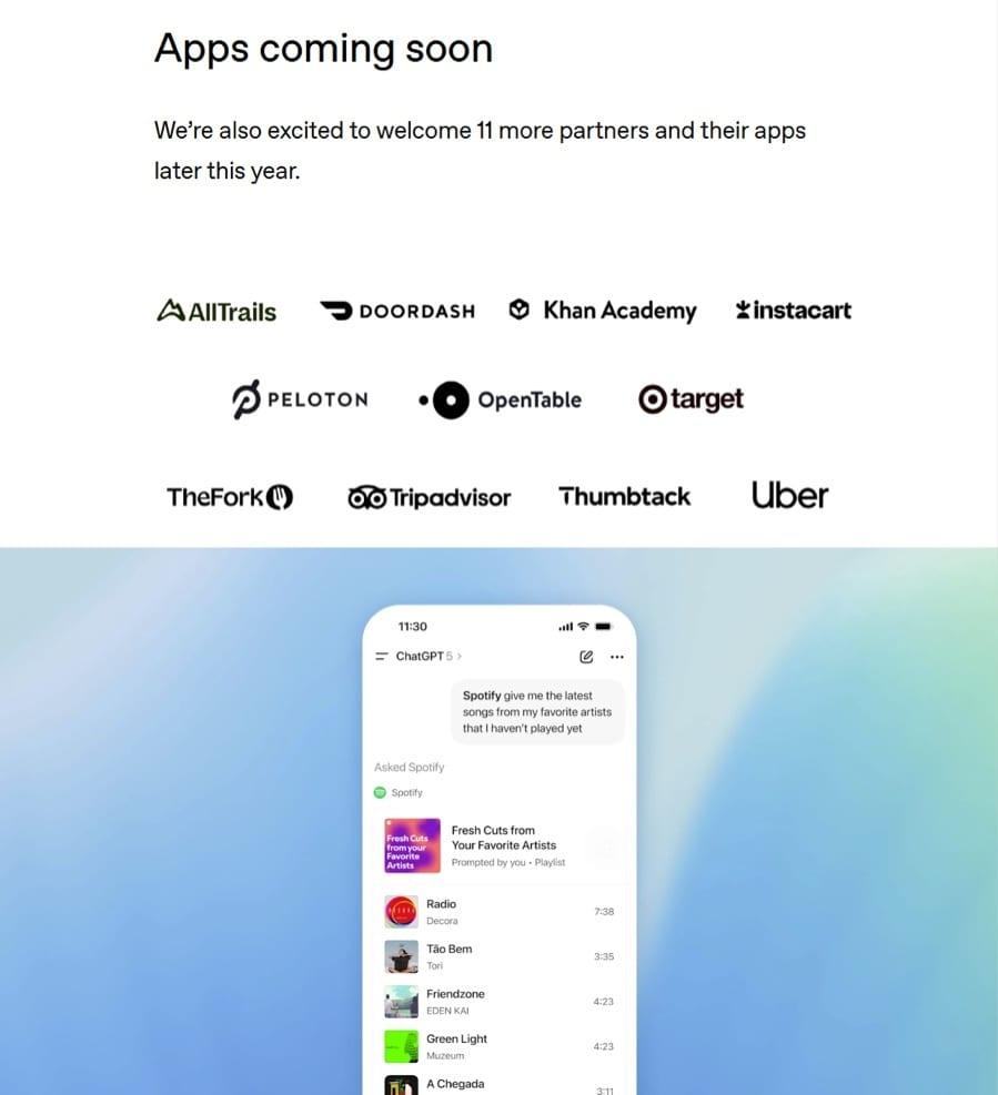본문 이미지 - 오픈AI의 앱 SDK&#40;Apps SDK&#41;에 연내 추가될 예정인 우버 등 애플리케이션&#40;앱&#41; 목록 11개&#40;위&#41;와 앱 SDK를 통해 챗GPT에서 스포티파이를 호출하는 모습 &#40;오픈AI 공식 홈페이지 갈무리&#41;