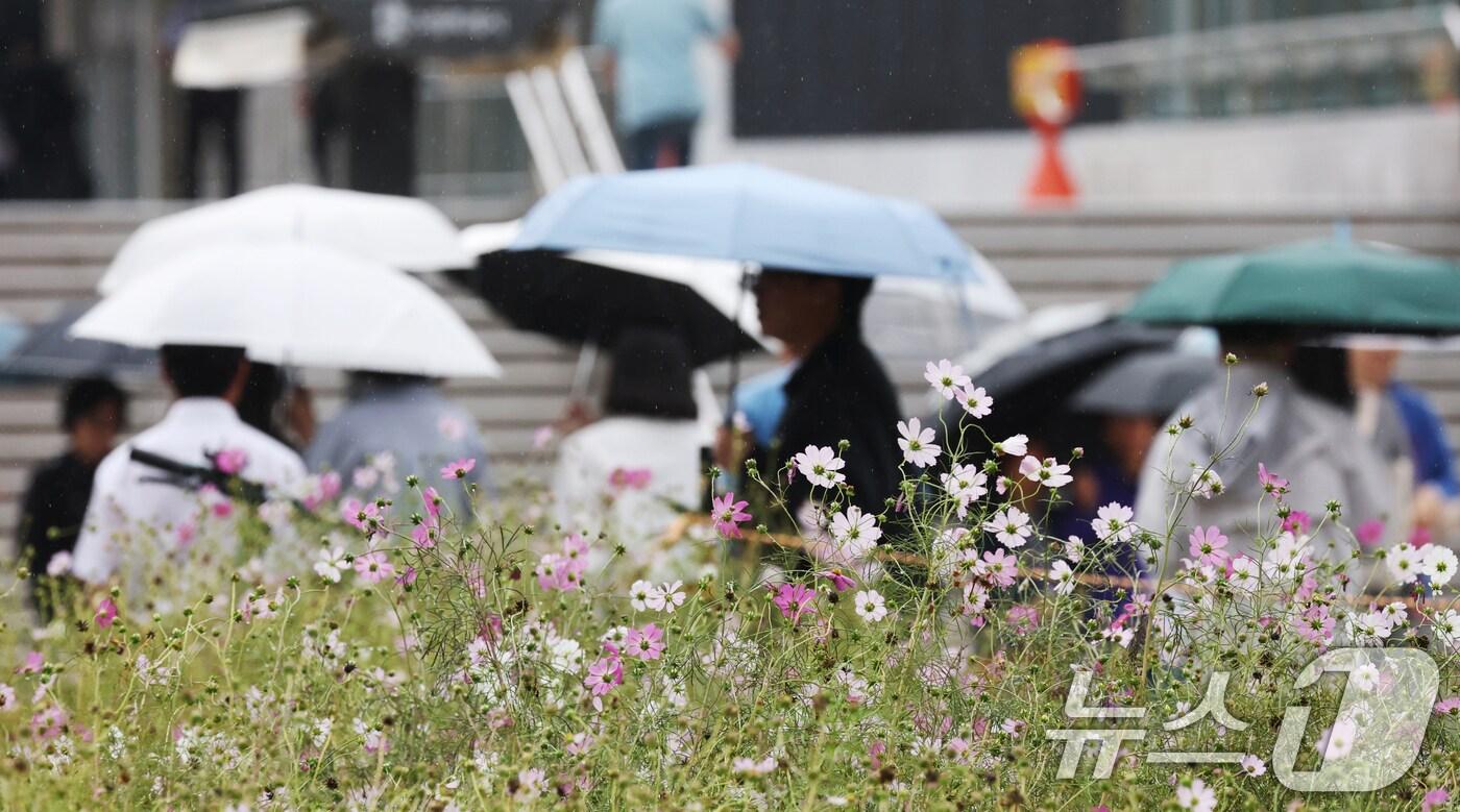 수도권 곳곳에 가을비가 내린 지난달 10일 경기 수원시 영통구 경기도청 인근에서 시민들이 우산을 쓰고 지나가고 있다. 2025.10.10/뉴스1 ⓒ News1 김영운 기자