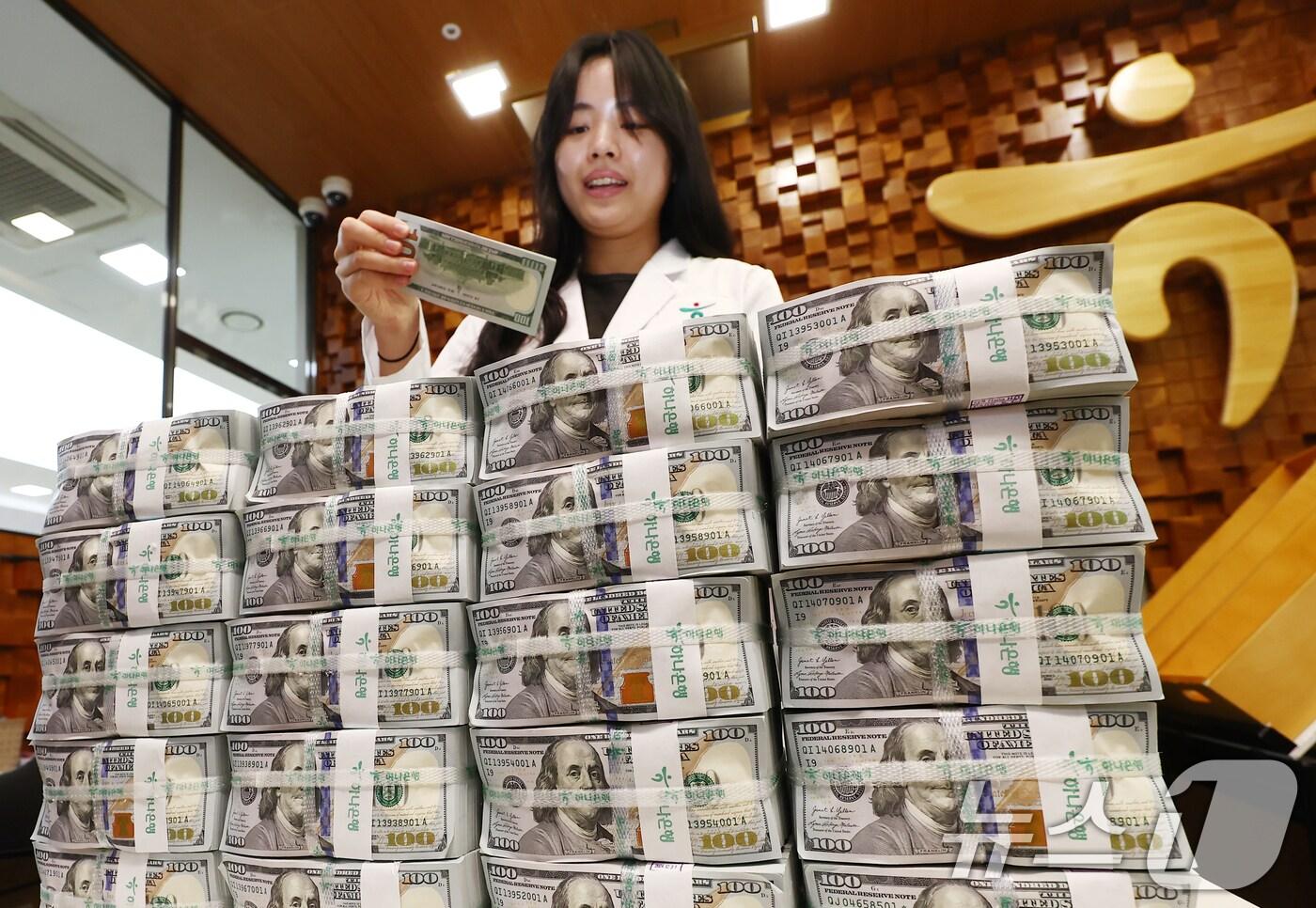 서울 중구 하나은행 위변조대응센터에서 은행 관계자가 달러화를 정리하는 모습. 2025.10.10/뉴스1 ⓒ News1 김민지 기자