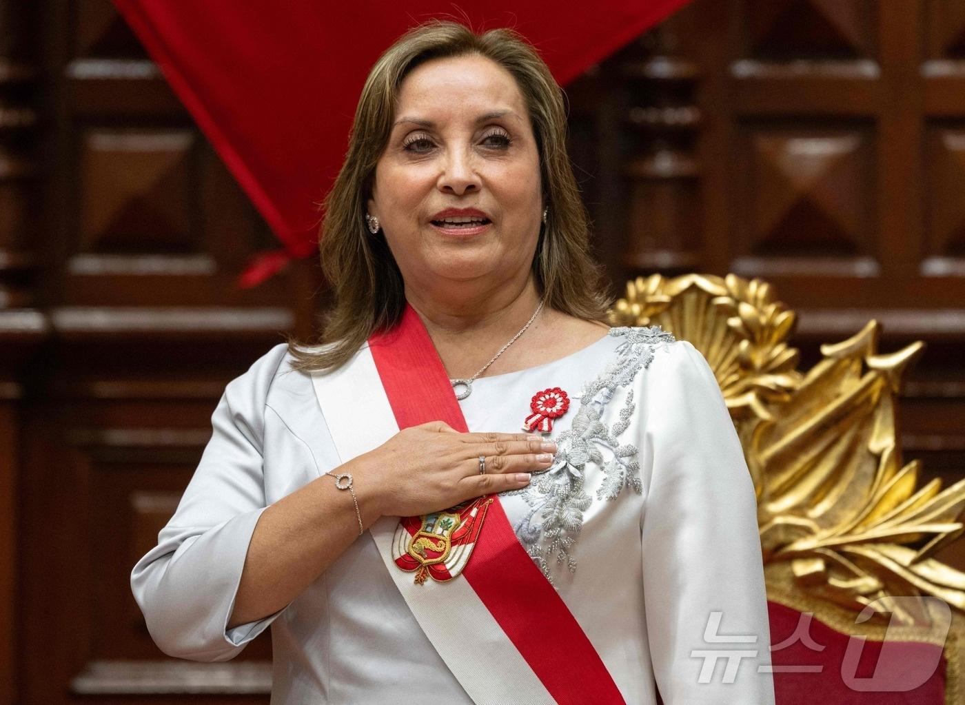 본문 이미지 - 디나 볼루아르테 페루 대통령이 2024년 7월 28일 국회에서 독립기념일 대국민 연설 현장에 도착해 손짓하고 있다. 2024.07.28. ⓒ AFP=뉴스1