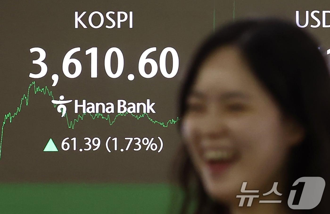 코스피가 사상 처음으로 1.73% 오른 3610.60으로 상승 마감한 10일 오후 서울 중구 하나은행 딜링룸 전광판에 종가가 표시되고 있다. 2025.10.10/뉴스1 ⓒ News1 김민지 기자