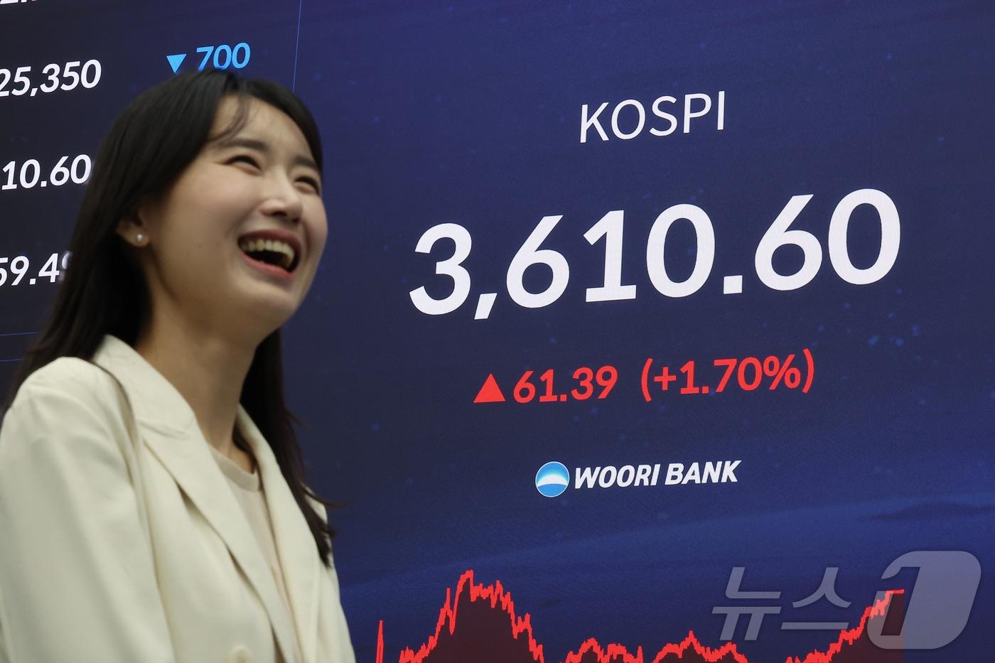 코스피가 사상 처음으로 3610선으로 상승 마감한 10일 오후 서울 중구 우리은행 딜링룸 전광판에 종가가 표시되고 있다. 이날 코스피는 전 거래일&#40;3549.21&#41;보다 61.39포인트&#40;1.73%&#41; 오른 3610.60에 마감했다. 2025.10.10/뉴스1 ⓒ News1 김진환 기자