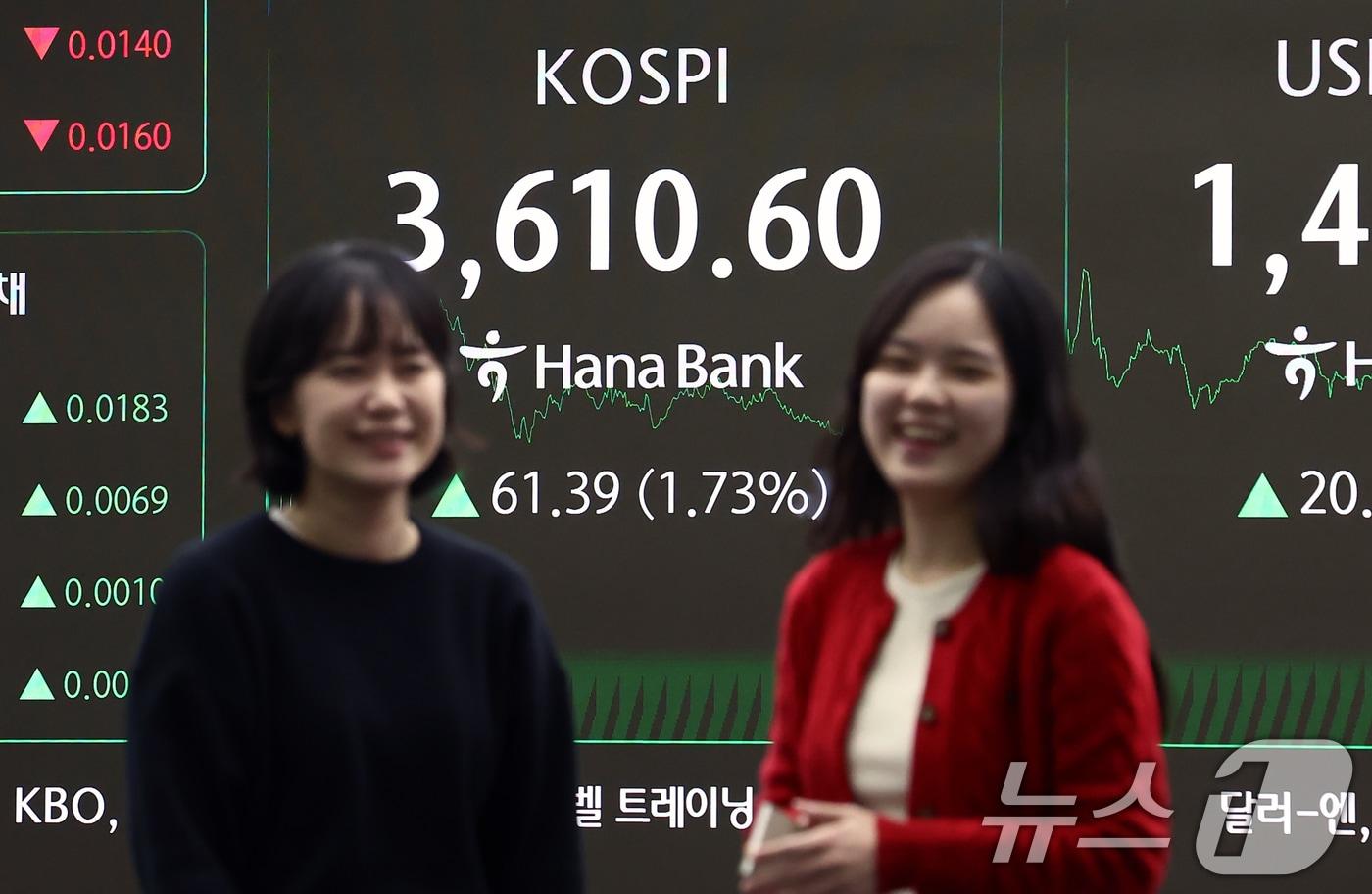 코스피가 사상 처음으로 3610선으로 상승 마감한 10일 오후 서울 중구 하나은행 딜링룸에서 딜러들이 업무를 보고 있다.  ⓒ News1 김민지 기자