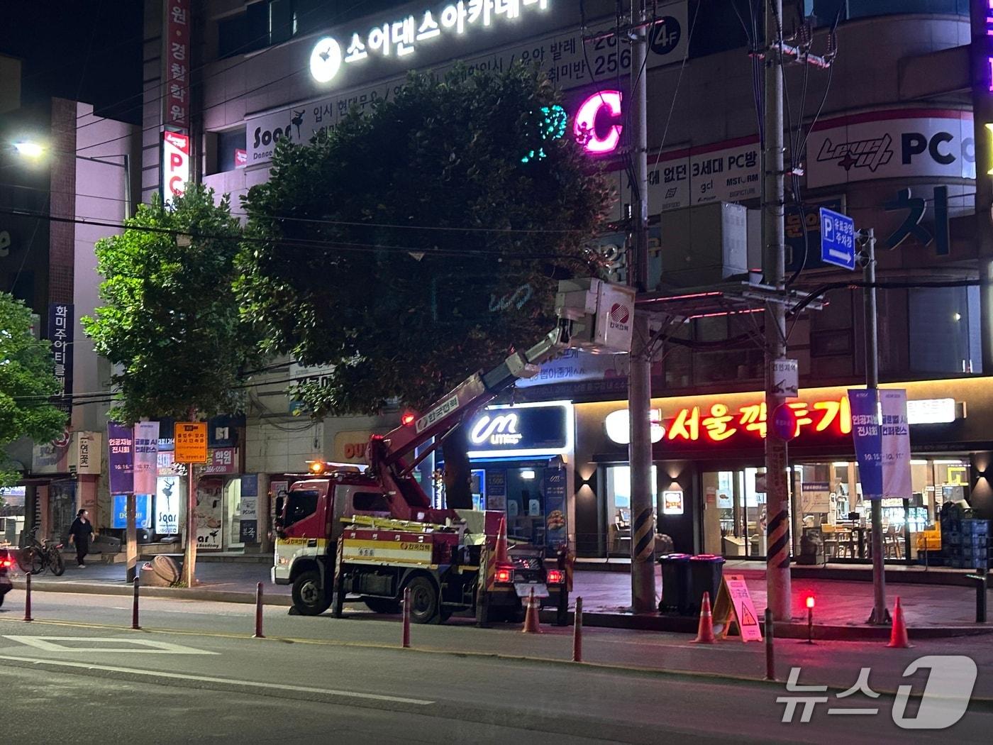 본문 이미지 - 10일 오후 9시 20분쯤 광주 북구청 인근 전봇대 고압차단기 내 휴즈가 끊겨 복구 중인 모습.&#40;광주 북구 제공. 재판매 및 DB 금지&#41;