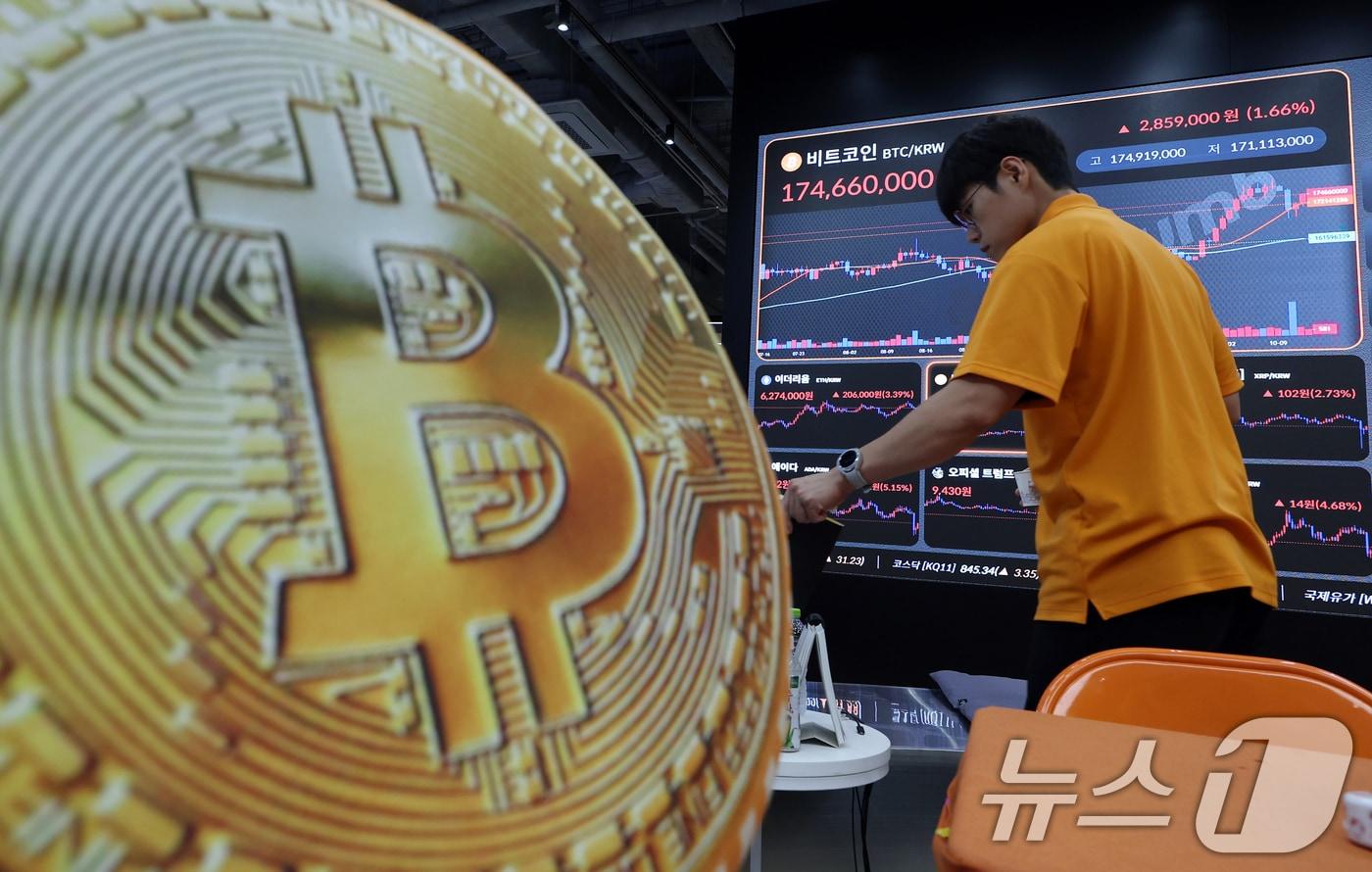 서울 서초구 강남대로 빗썸라운지에 비트코인 등 가상자산 시세가 표시되고 있다. 2025.10.13/뉴스1 ⓒ News1 박정호 기자