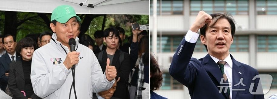 본문 이미지 -  지난 13일 서울 강남구 대치동 은마아파트를 찾아 주민과 대화하고 있는 오세훈 서울시장&#40;왼쪽&#41;과 지난 9일 서울 종로구 주한미국대사관앞에서 미국의 관세압박 철회를 요구하고 있는 조국 조국혁신당 비대위원장. ⓒ News1 오대일· 구윤성 기자 